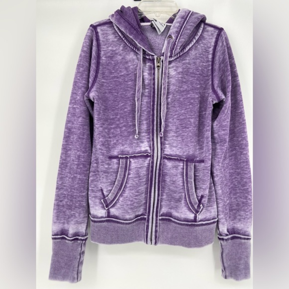 Zen purple zip up hoodie with Kangaroo pocket,random info on back,‎ sz s